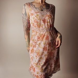VINTAGE Pink Peach Floral Knee Length Sleeveless Night Gown Chemise Womens Small